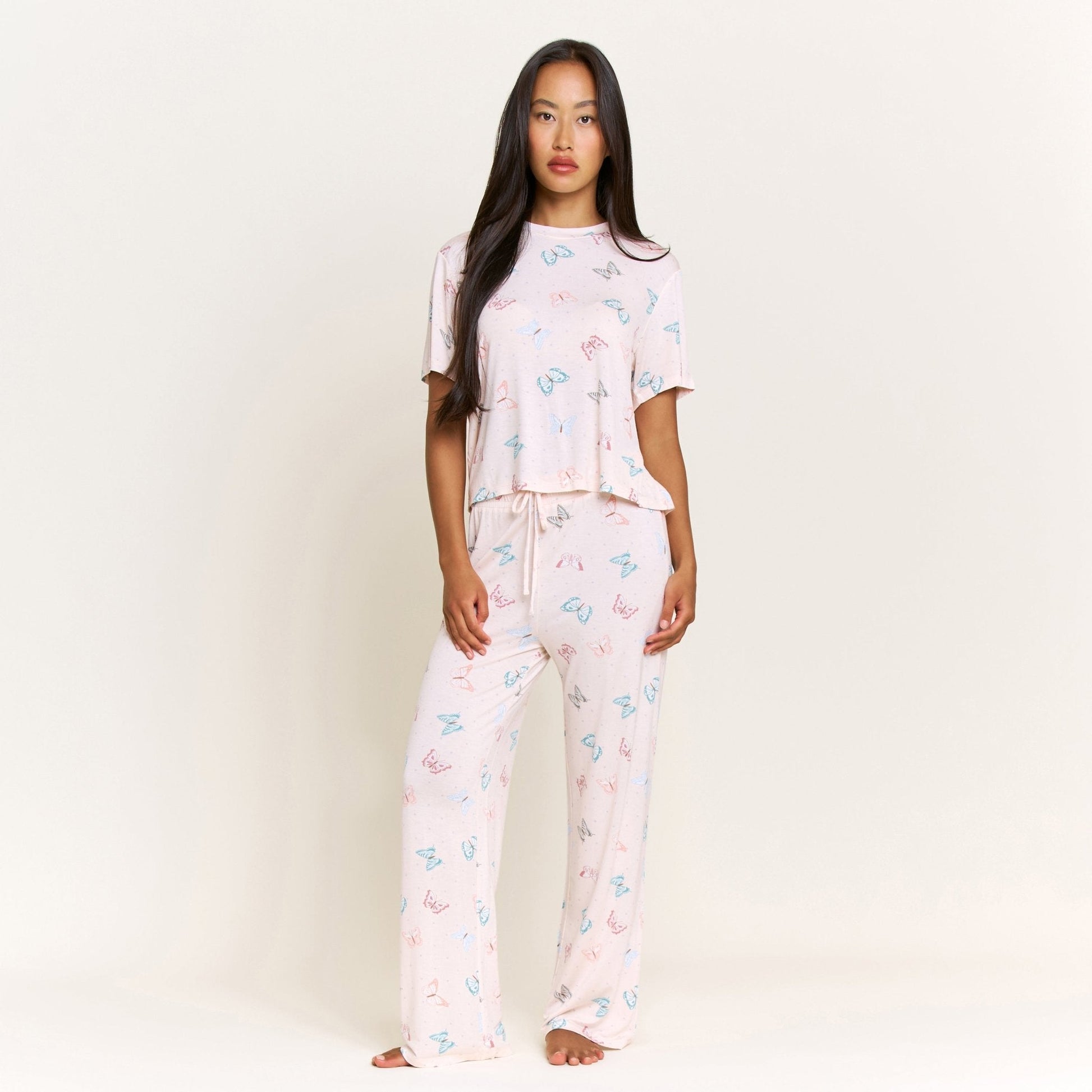 Honeydew All American Tee Pant Set in Powdery Peach Butterflies