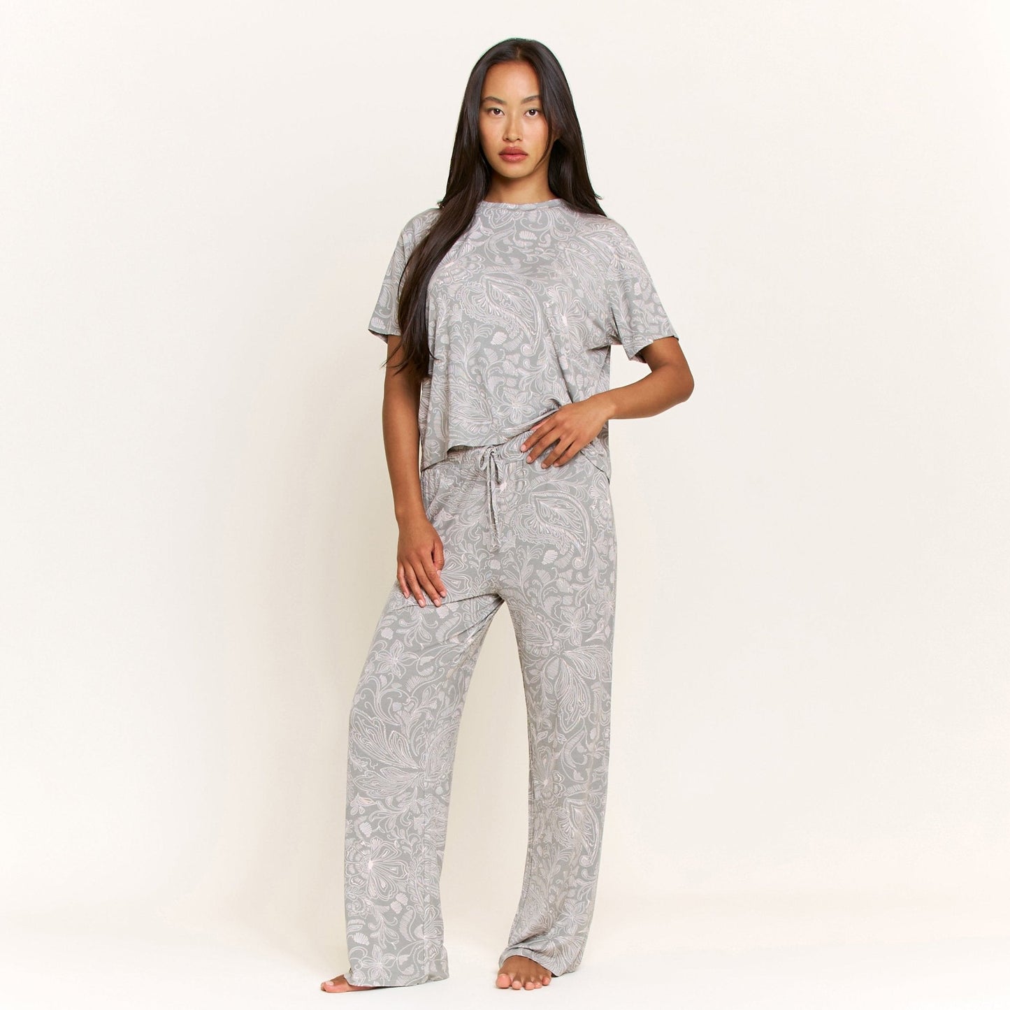 Honeydew All American Tee Pant Set in Soft Olive Paisley