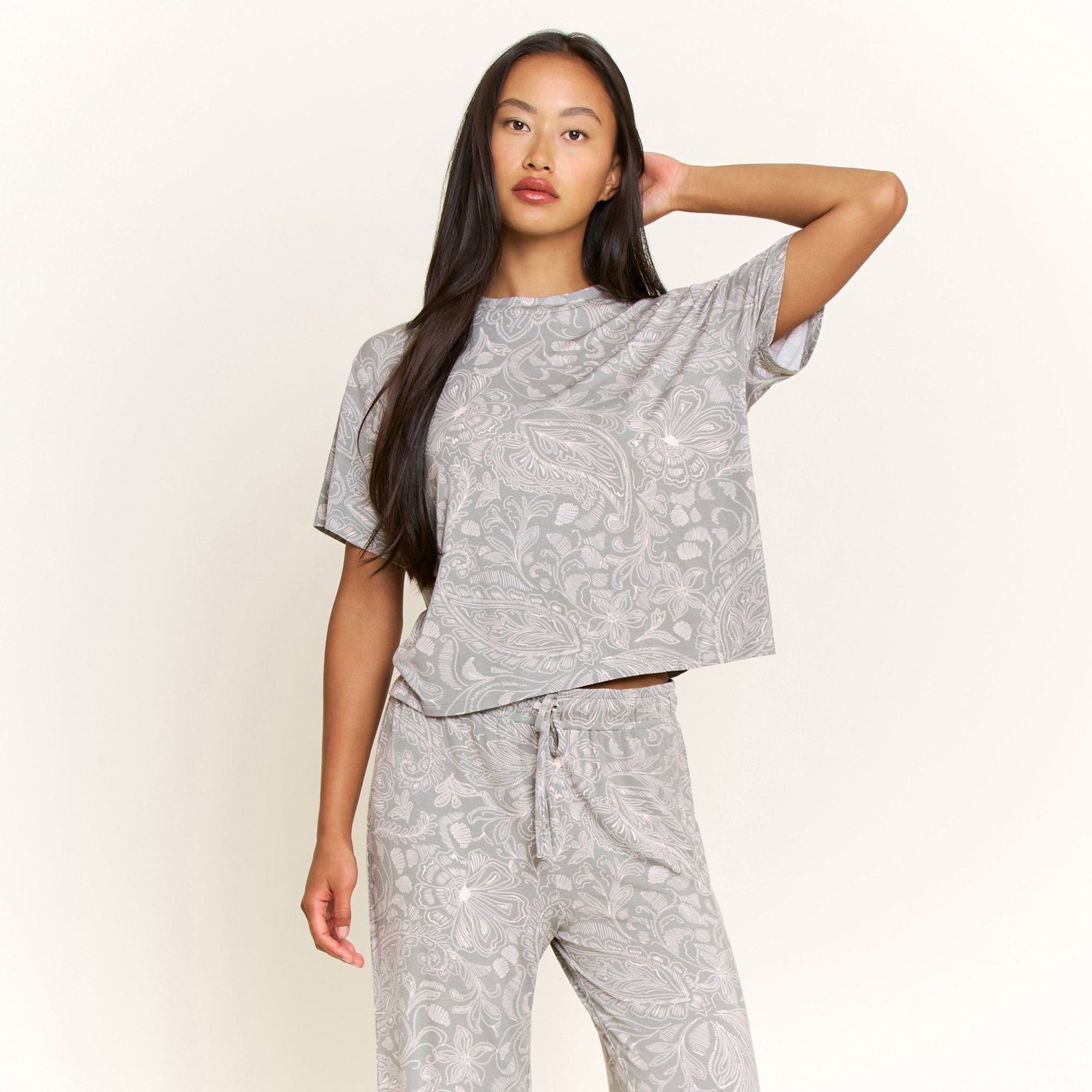 Honeydew All American Tee Pant Set in Soft Olive Paisley