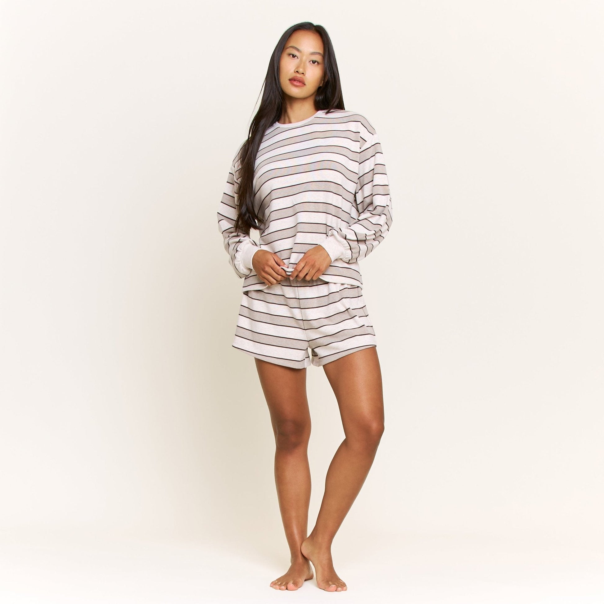Honeydew Cozy Era Long Sleeve Shortie Set in Coffee Stripe