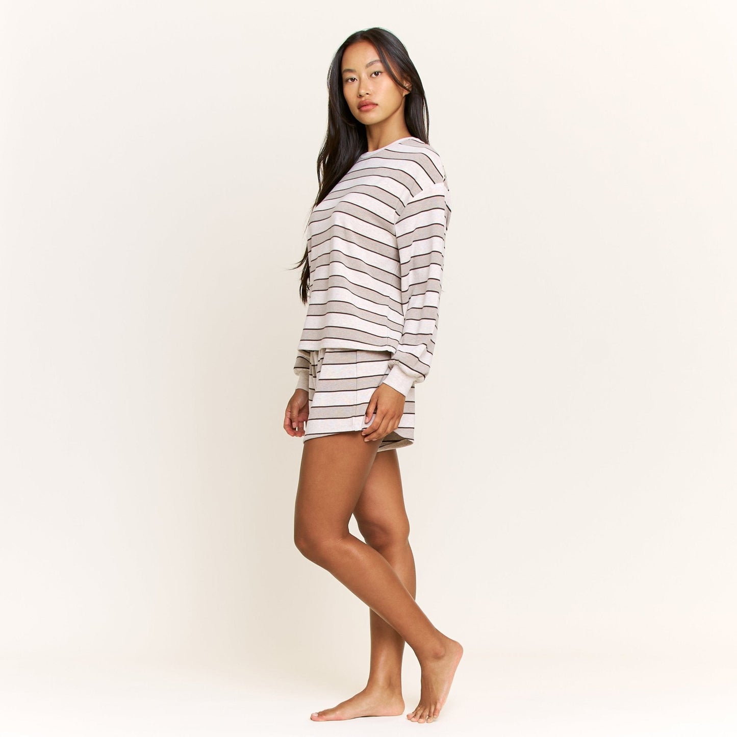 Honeydew Cozy Era Long Sleeve Shortie Set in Coffee Stripe