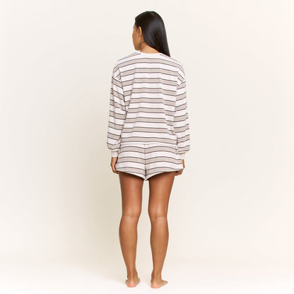Honeydew Cozy Era Long Sleeve Shortie Set in Coffee Stripe
