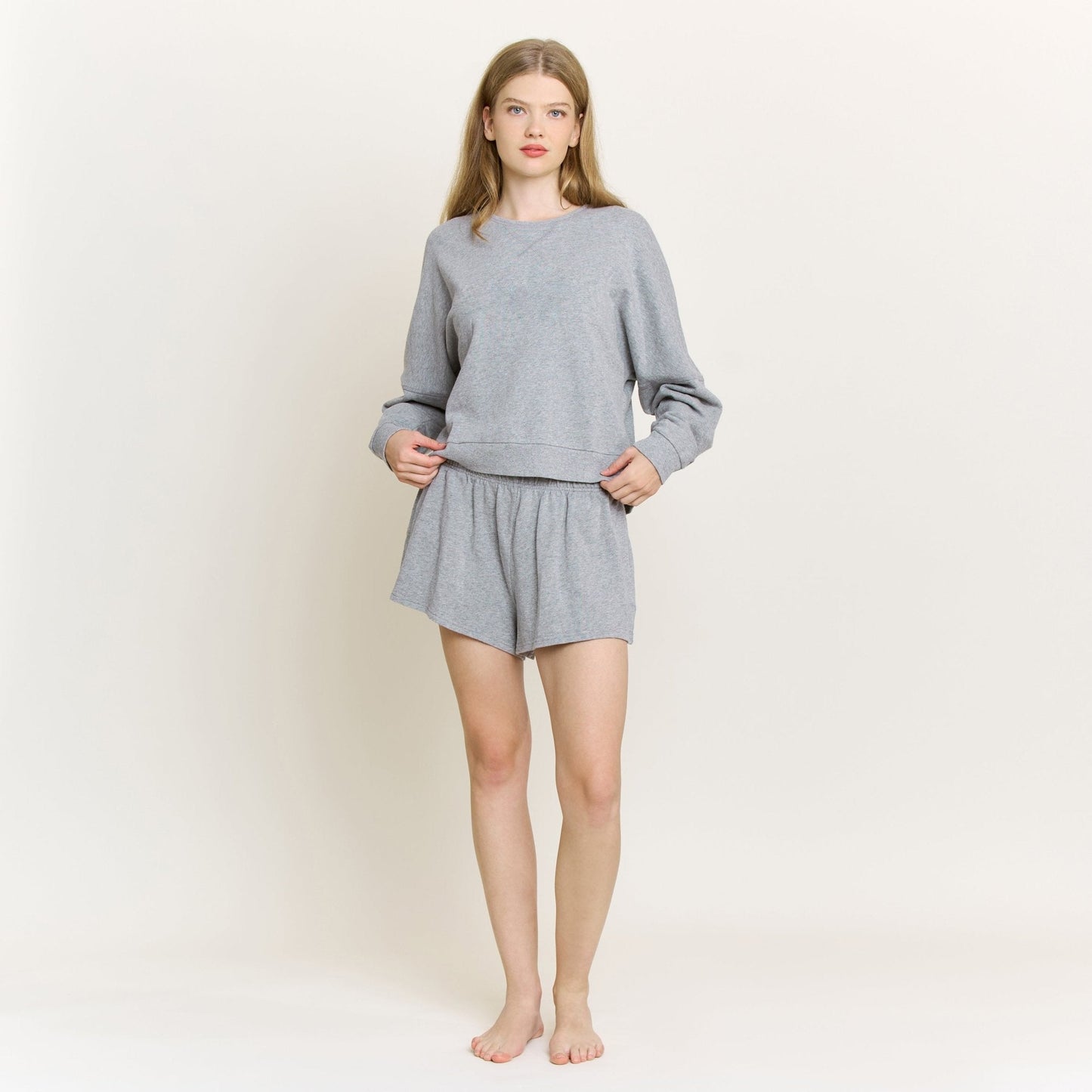 Honeydew Weekend Club Long Sleeve Shortie Set in Heather Grey