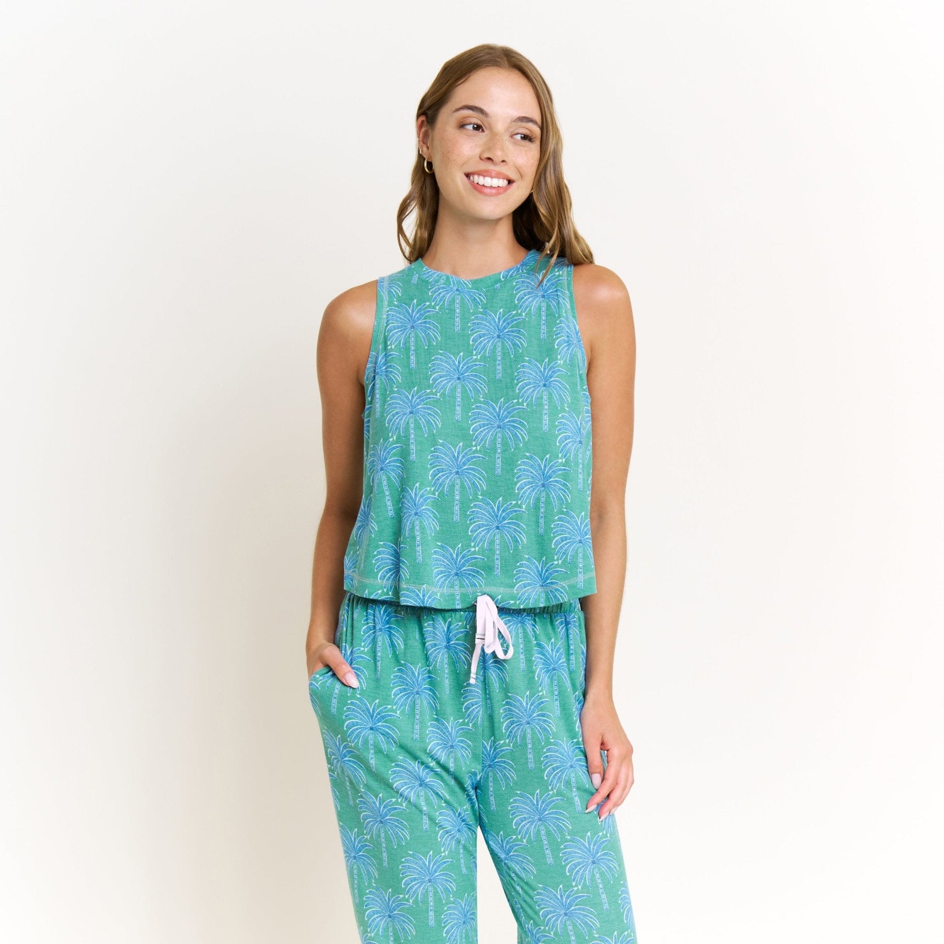 Honeydew Star Seeker Tank Pant Set in Emerald Etched Palm
