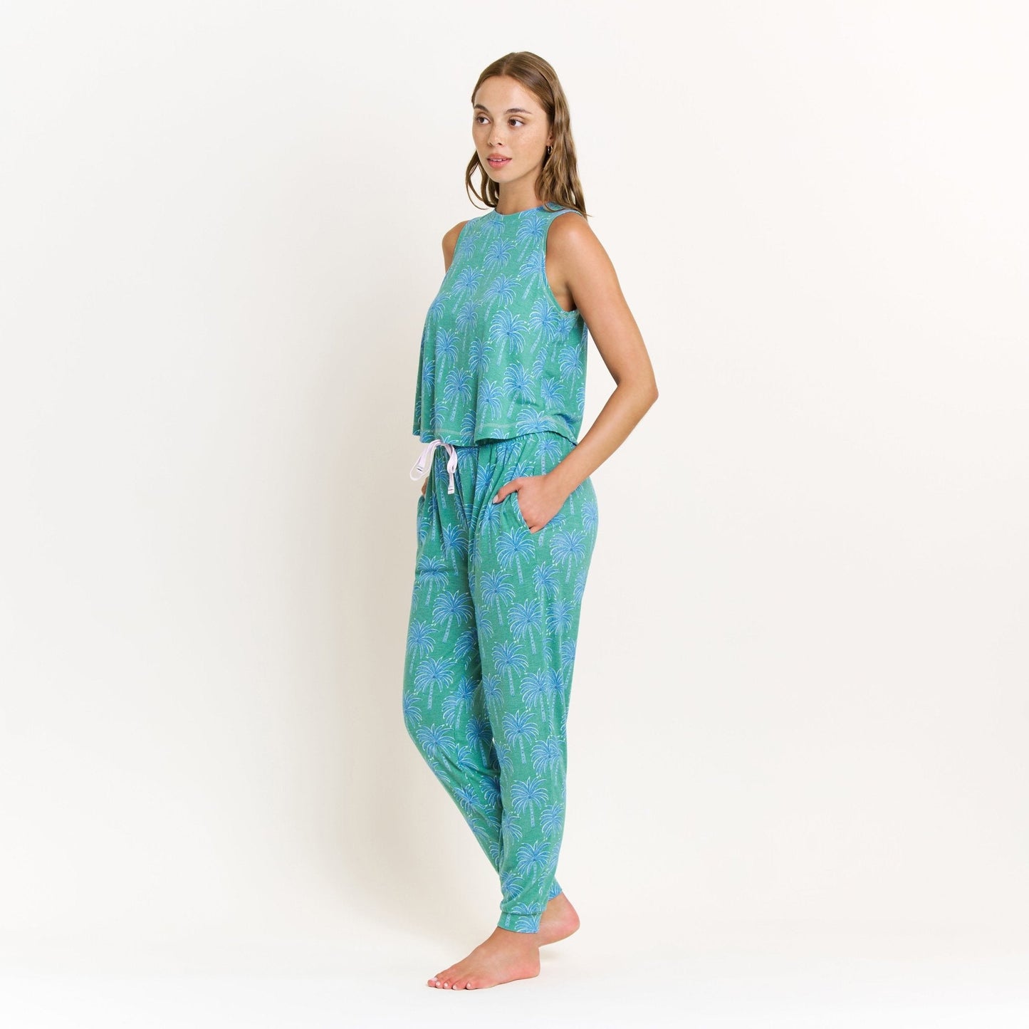 Honeydew Star Seeker Tank Pant Set in Emerald Etched Palm