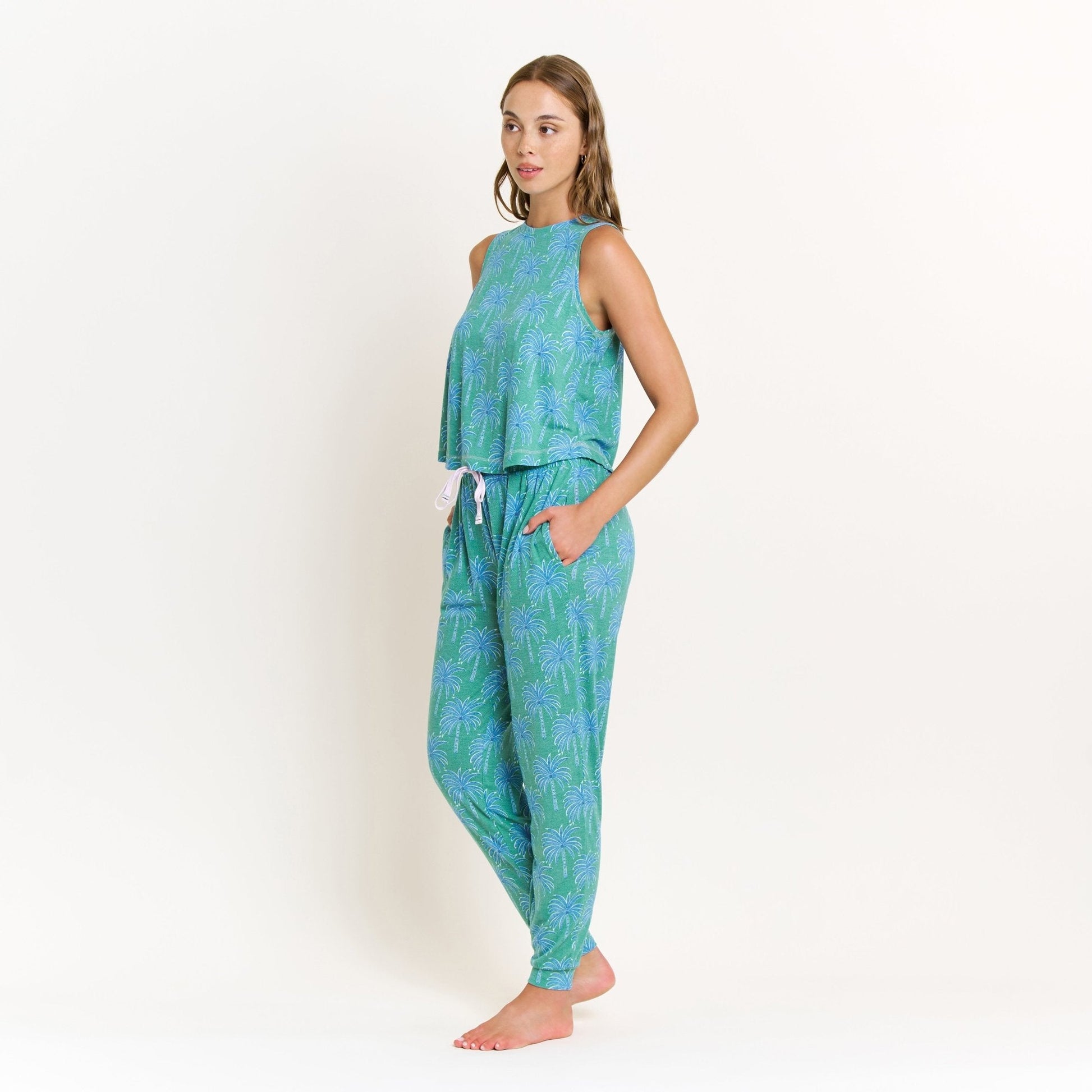 Honeydew Star Seeker Tank Pant Set in Emerald Etched Palm