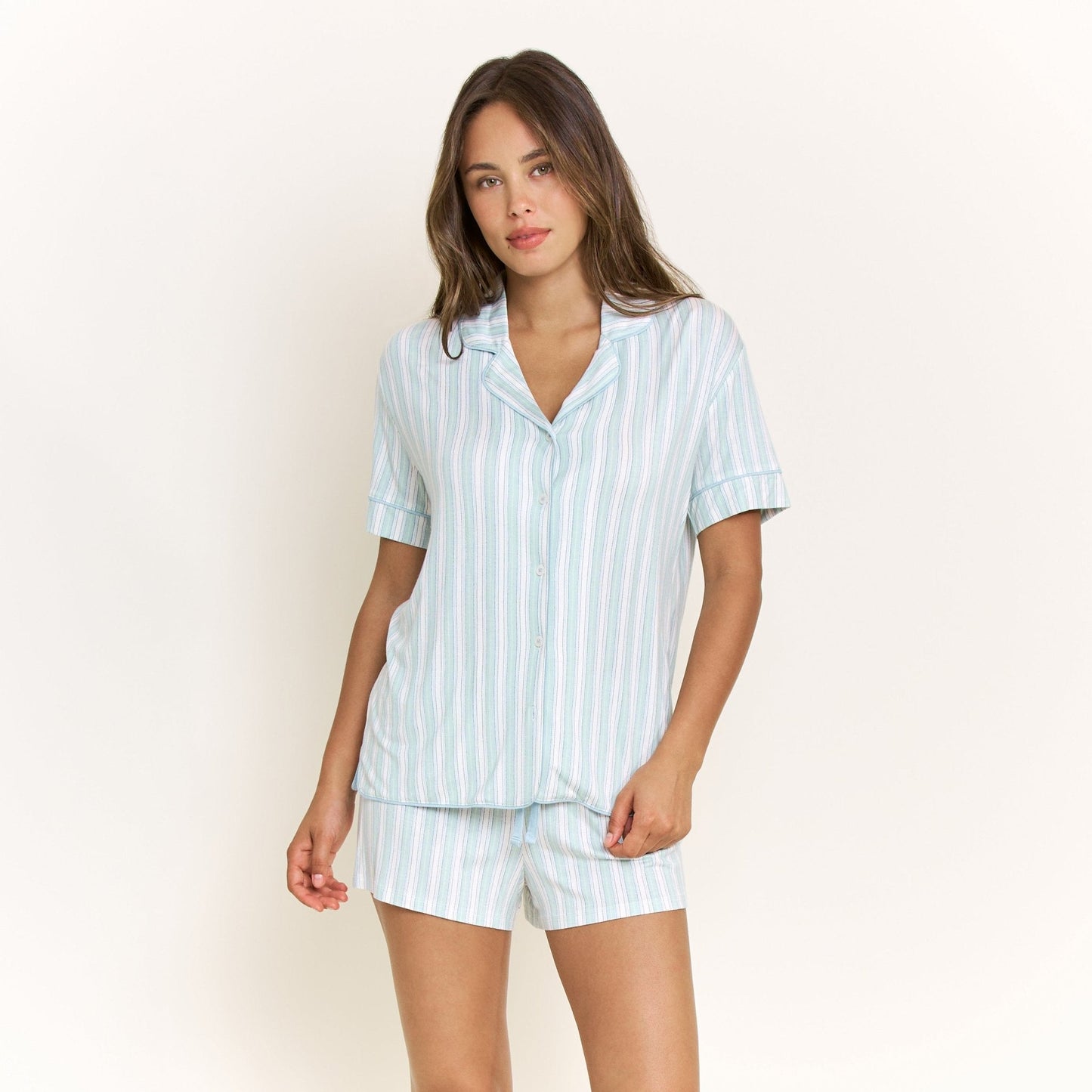 Honeydew All American Shortie PJ Set in Sage Stitched Stripe