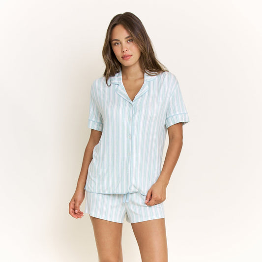 Honeydew All American Shortie PJ Set in Sage Stitched Stripe