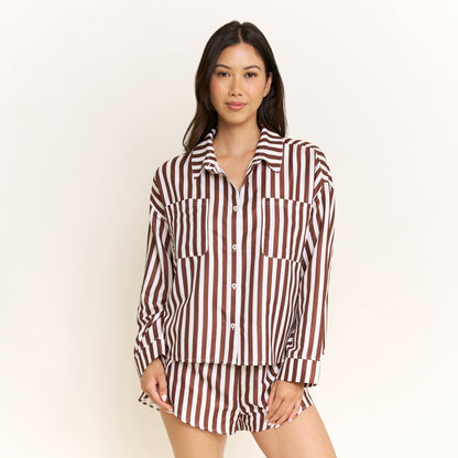 Honeydew Brunch Date Long Sleeve Shortie PJ Set in Chocolate Stripe
