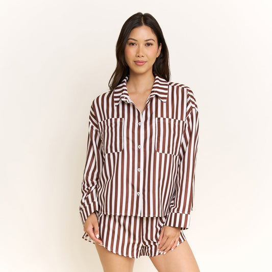 Honeydew Brunch Date Long Sleeve Shortie PJ Set in Chocolate Stripe