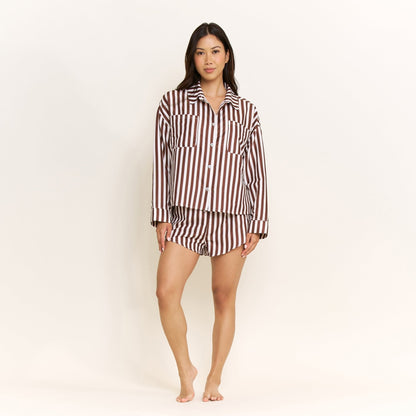 Honeydew Brunch Date Long Sleeve Shortie PJ Set in Chocolate Stripe