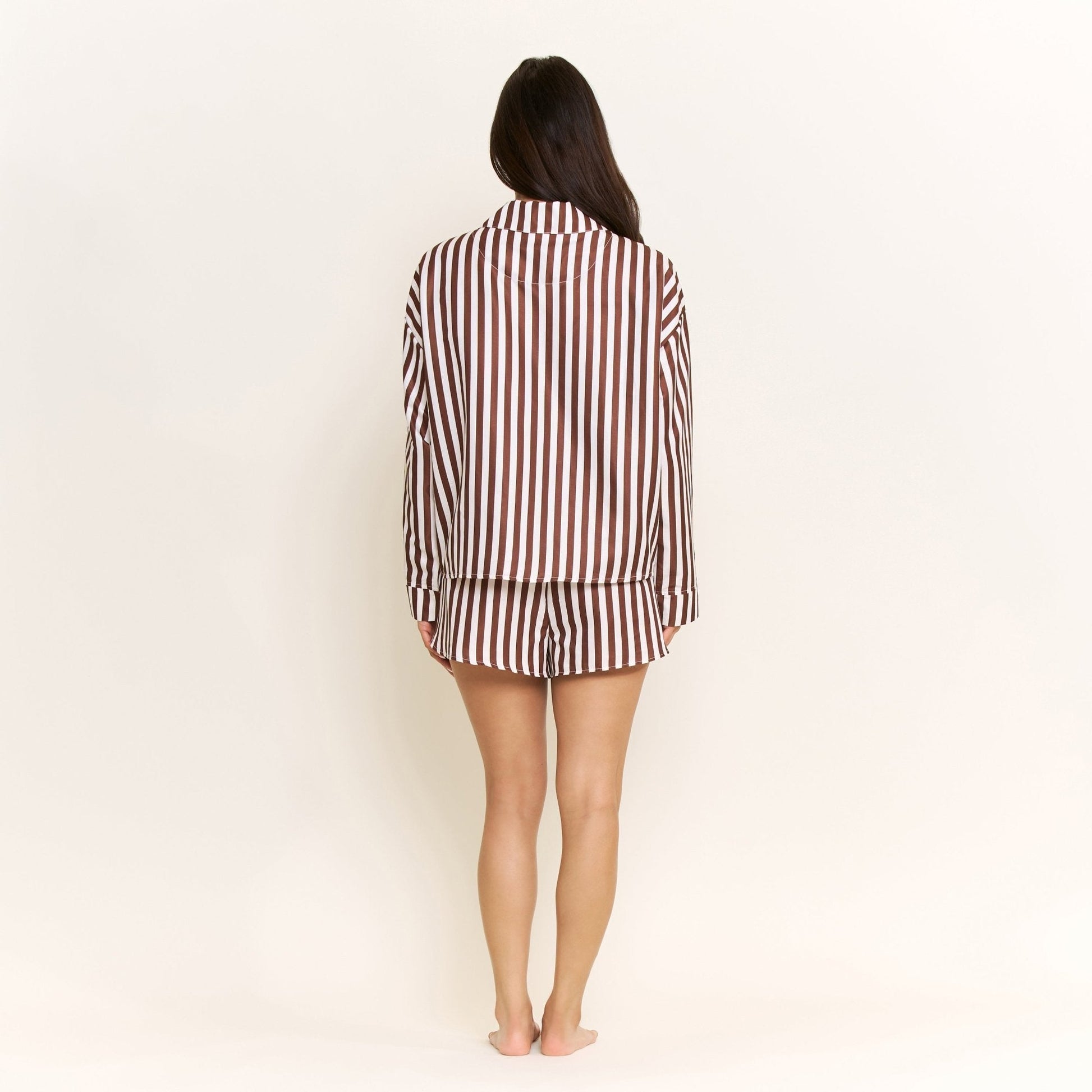 Honeydew Brunch Date Long Sleeve Shortie PJ Set in Chocolate Stripe