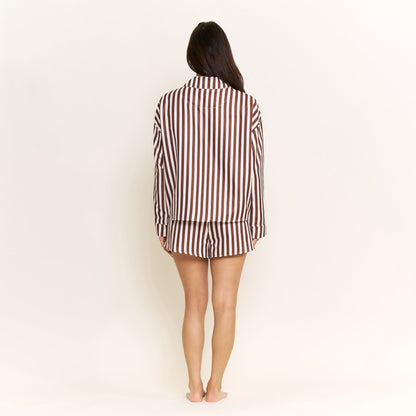 Honeydew Brunch Date Long Sleeve Shortie PJ Set in Chocolate Stripe