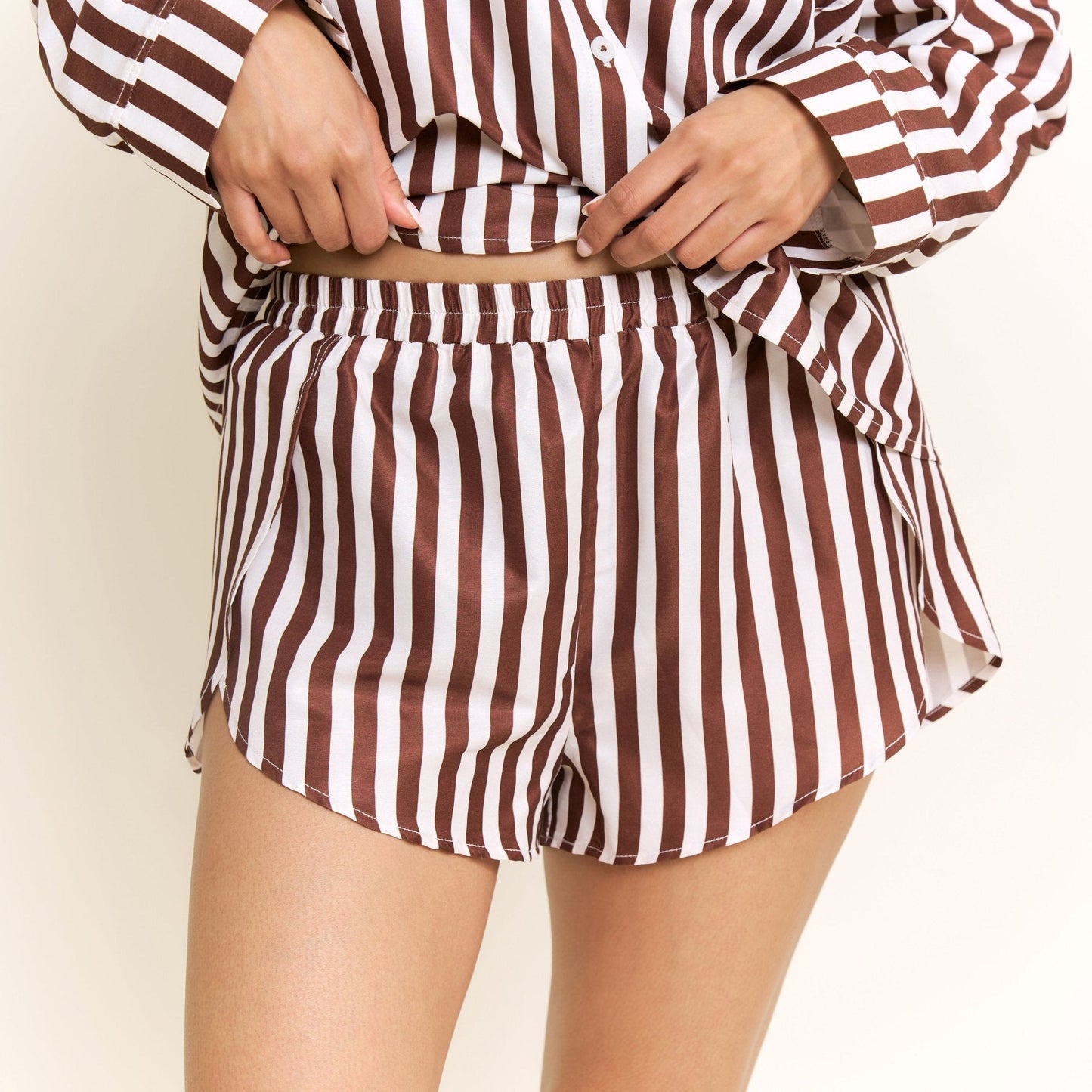 Honeydew Brunch Date Long Sleeve Shortie PJ Set in Chocolate Stripe