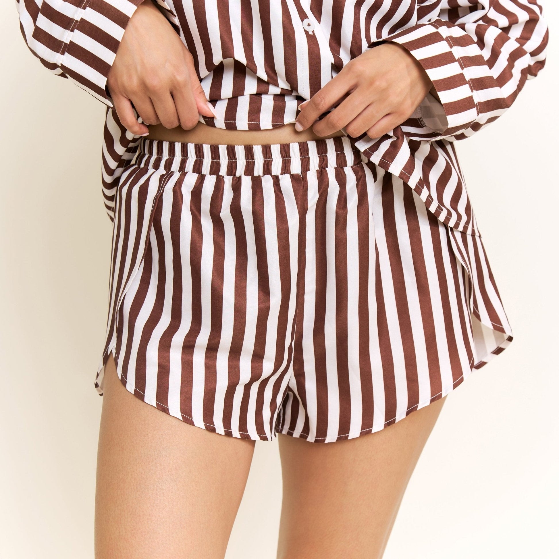 Honeydew Brunch Date Long Sleeve Shortie PJ Set in Chocolate Stripe