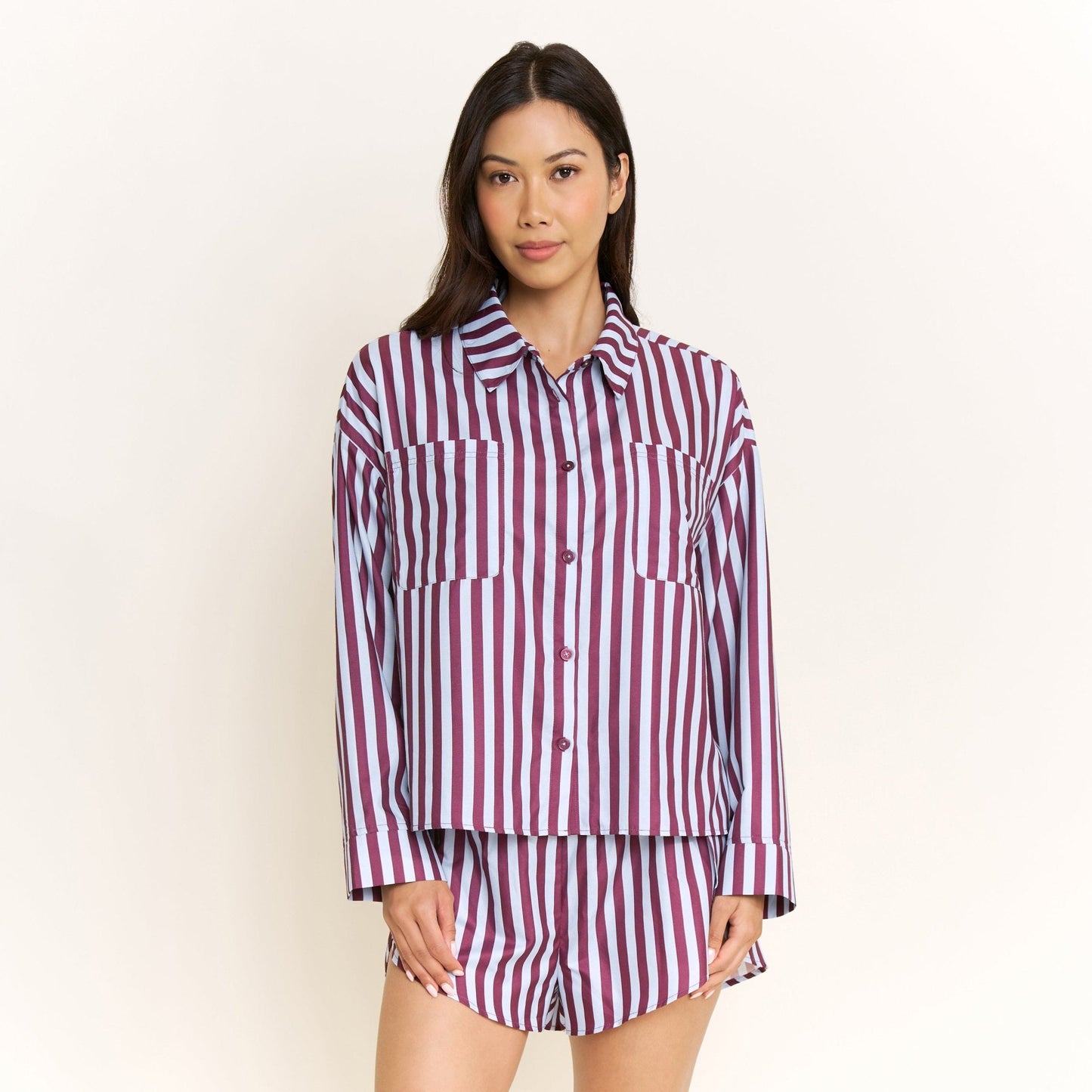 Honeydew Brunch Date Long Sleeve Shortie PJ Set in Wine Stripe