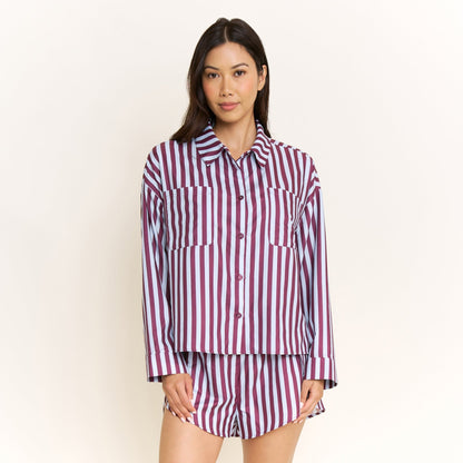 Honeydew Brunch Date Long Sleeve Shortie PJ Set in Wine Stripe