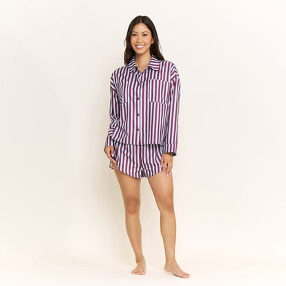 Honeydew Brunch Date Long Sleeve Shortie PJ Set in Wine Stripe
