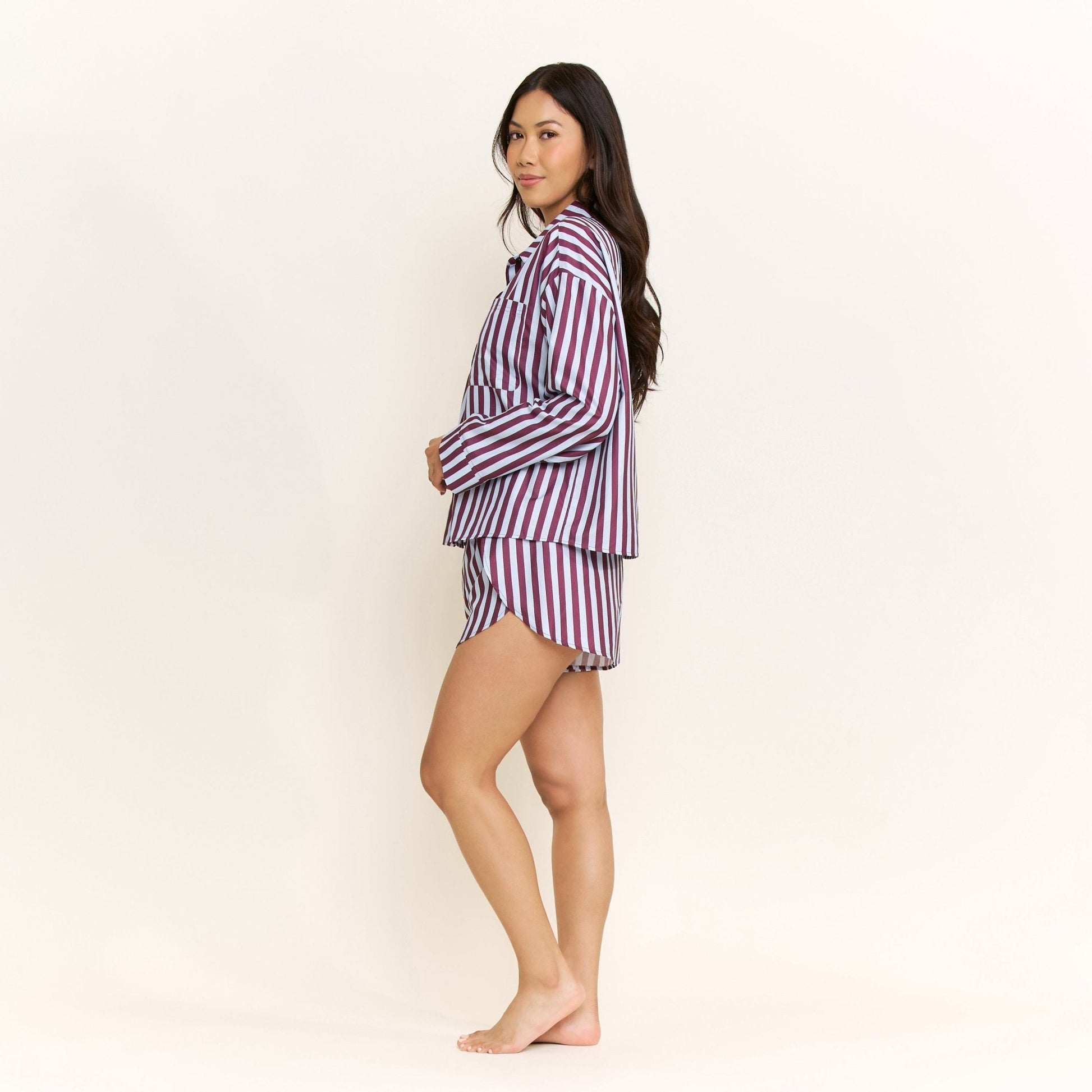 Honeydew Brunch Date Long Sleeve Shortie PJ Set in Wine Stripe